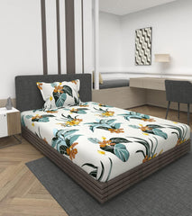 Printed Single Bedsheet With Pillow Covers - 36 X 78 Inches, White | Cotton Feel All Around Premium Elastic Fitted Bedsheet Ideal For Bedroom Style