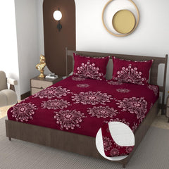Elastic Fitted Double Bedsheets For King Size With 2 Pillow Covers - 72 X 78 X 10 Inches, Maroon | Premium Heavy Cotton All Around Elastic Fitted | Ideal For Hotel, Home, Bedroom