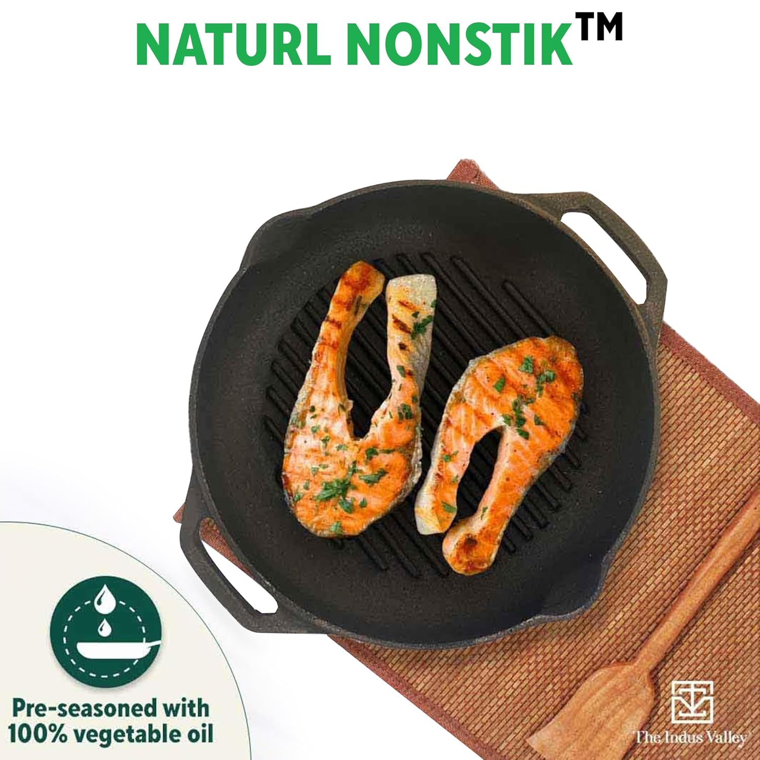 Pre-Seasoned Black Cast Iron Round Grill Pan With Double Handle - Medium, 26.7 Cm, 10.5 Inch, 0.6 Liters, 2.1 Kg | Induction Friendly, 100% Pure & Toxin-Free, No Chemical Coating Pre-Seasoned Black Cast Iron Round Grill Pan With Double Handle - Medium, 26.7 Cm, 10.5 Inch, 0.6 Liters, 2.1 Kg | Induction Friendly, 100% Pure & Toxin-Free, No Chemical Coating