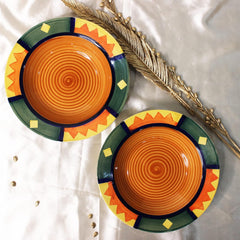 Boho Fiesta Ceramic Pasta Plates - 2 Pieces, Multicolor | Hand Painted Multi Purpose Ceramic Deep Plates, Snack Plates, Starter Plates - 9 Inch, Microwave Safe & Dishwasher Safe