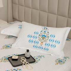 1 Piece Cotton Bedsheet For King Size With 1 Pillow Cover - 108 X 108 Inches, White & Blue | Soft & Durable For Everyday Use & Bedroom - All Season Comfort