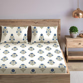 100% Cotton King Size For Double Bedsheet With 2 Pillow Covers - 72 X 78 Inches, Cream & Blue | Durable & Long Lasting Fabric, Easy Hand & Machine Wash