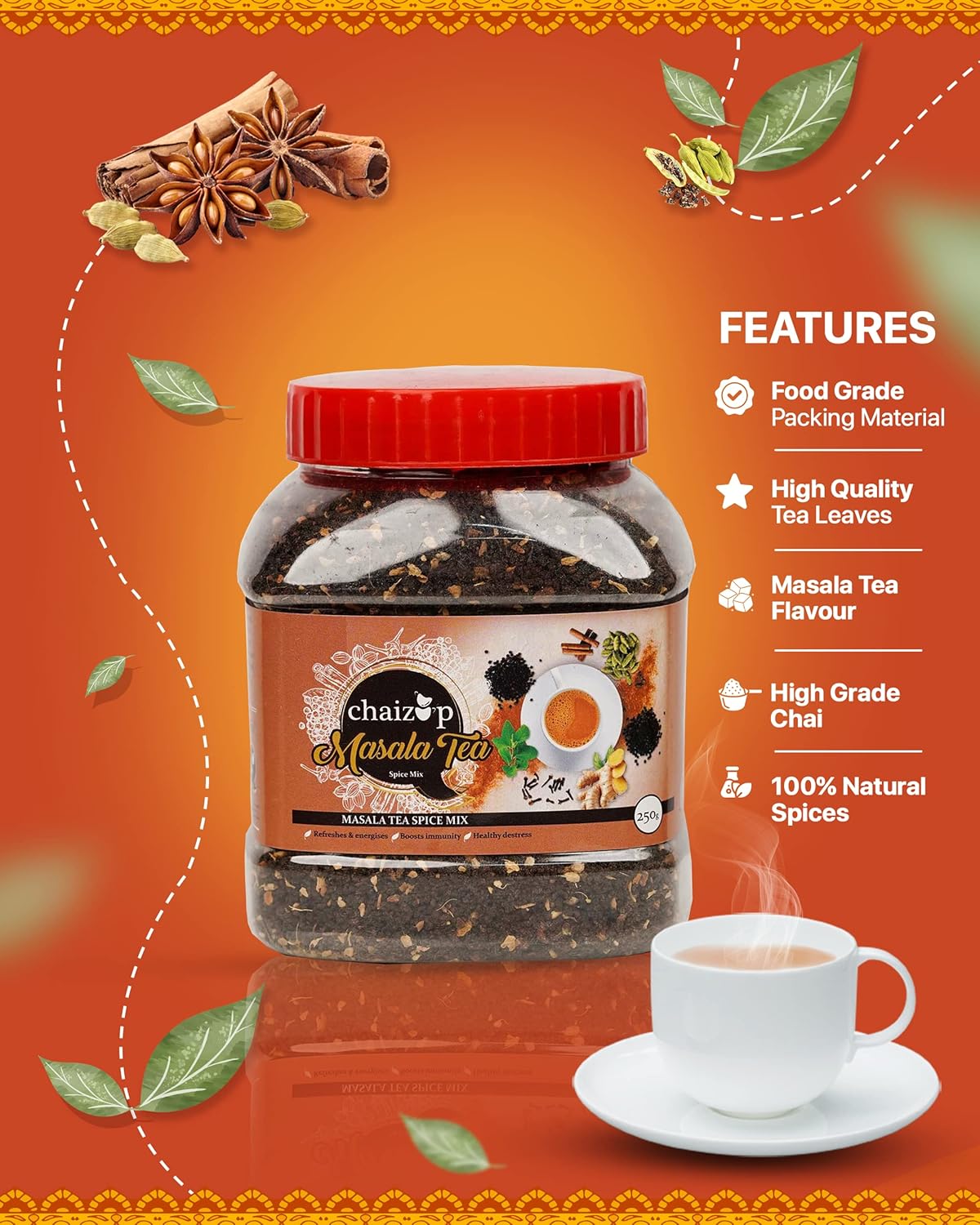 Chaizup Premium 1 Min Instant Masala Tea Premix - 250gm Jar, 8.8 Ounce | Just Add Hot Water - Assam Masala Chai Powder | Low Caffeine, No Added Color - Home Like Tea Chaizup Premium 1 Min Instant Masala Tea Premix - 250gm Jar, 8.8 Ounce | Just Add Hot Water - Assam Masala Chai Powder | Low Caffeine, No Added Color - Home Like Tea