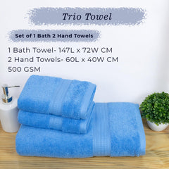 Rangoli 100% Cotton Fibre 1 Bath & 2 Hand Towel 900 Gsm | Highly Durable & Absorbent Towel | Skin-Friendly & Quick Drying Luxury Towels (Sky Blue) - Pack Of 3