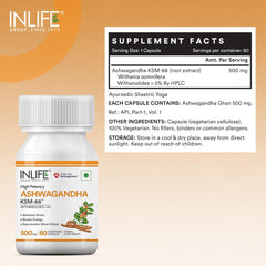 Inlife Ashwagandha Ksm-66 500 Mg, Extra Strength Natural Formulation, Supports Strength, Energy, Withania Somnifera Extract | 60 Capsules 100gm 0.2lbs