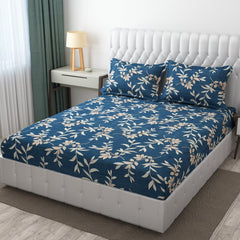 Bedsheet For Double Bed Elastic Fitted King Size With 2 Pillow Covers - 72 X 78 X 8 Inches, Blue | Soft Touch & Comfortable Feel