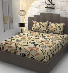 King Size Elastic Fitted Bedsheets With 2 Pillow Covers - 90 X 100 Inches, Beige | Soft Wrinkle Free & Breathable Elastic Bedsheets - Durable & Long Lasting Bedsheet