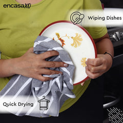 Encasa Xo Kitchen Cooking Cloth 340 Gsm | Cotton Hand Towel For Drying Dishes Highly Absorbent Cleaning & Quick Drying Of Plates | Roma Grey Stripes (Set Of 4)
