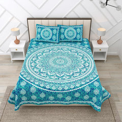 Pure 100% Cotton Double Bed Sheet With 2 Pillow Covers - 90 X 100 Inches, Blue & White | Beautifully Handcrafted Traditional Bedsheets - Skin Friendly Fabric