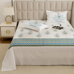 1 Piece Cotton Bedsheet For King Size With 1 Pillow Cover - 108 X 108 Inches, White & Blue | Soft & Durable For Everyday Use & Bedroom - All Season Comfort