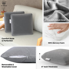 Memory Foam Square Cushion Pillow, For Car, Sofa & Diwan, Bed, Chair, Grey - 12 X 12 X 4 Inch | Highly Durable, Hypoallergenic, Velvet Cover, Furniture Cushion, Multipurpose Use - Pack Of 2