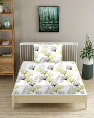 Printed Single Size Bedsheet Elasticated Fitted With 1 Pillow Cover - 36 X 72 Inch, White & Green | 180 Thread Count - Lightweight & Breathable Bedsheet