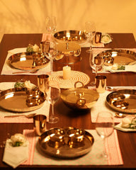 Bronze Kansa Solid Dinner Thali Set (Set Of 1), Gold | 1 Thali+ 2 Bowls+ 1 Glass+ 1 Spoon | Antique Look Set