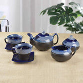 Hand Glazed Dual Tone Ceramic 7 Pieces Morning Set - 1 Tea Pot + 1 Milk Pot + 1 Sugar Pot + 2 Cups With 2 Saucer, Black & Blue