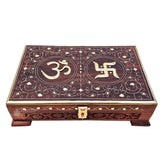 Wooden Om Box For Good Luck Jewellery Box, Decorative Case Kit, Vanity, Organiser For Women, Necklaces, Cash, Gold Sparkling Edge,11 X 7, Colour - Brown