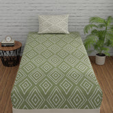 144 TC Bedsheet For Single Bed Cotton With Pillow Cover - 55 X 88 Inches, Sage Green & White | Soft & Breathable Premium Printed Design Bedsheet