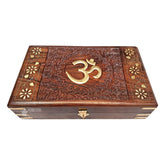 Exquisitely Hand Brass - Filled Wooden Om Box For Good Luck | Jewellery Box, Handmade Decorative Case, Kit 10 X 6 Inches, Om, Colour - Brown