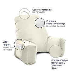 Backrest Pillow For Bed, Reading Pillow With Support Arms, Cream, King Size | Comfortable Back Support For Working, Watching TV In Bed, Premium Velvet Zipper Cover, Machine Washable