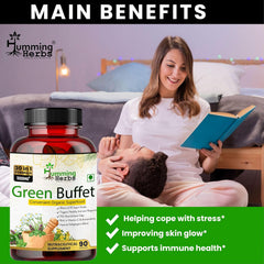 Humming Herbs Super Green, Improving Immunity & Skin Glow , 30 Super Foods Like Quercetine Cordyceps Spirulina Alfalfa Ashwgandha Seabuck Thorn Acai Berry Goji Berry | 90 Capsules , 150gm 0.3lbs