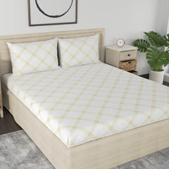 Premium Cotton Bedsheet For Double Bed King Size With 2 Pillow Covers - (108 X 108 Inches) White (Yellow Pattern) | Ideal For All Season Comfortable Bedsheet