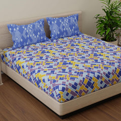 Cotton 144 TC Bedsheets For Double Bed With 2 Pillow Covers | Long Lasting & Soft To Touch - Soft & Comfortable | Queen Size - 88 X 96 Inches, Blue & Yellow