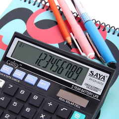 Saya Check And Correct Basic Desktop Calculator With 12-digit Large Display | Dual Power (Solar & Battery) | Ergonomic Design For Office & School Supplies | GST & Rate Function | 1 Year Warranty