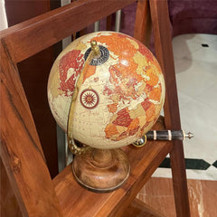 Antique Decorative Cream World Rotating Globe With Wood Base, Office, Table, Showpiece Gift, Kids & Students Learning Map, Pack Of 1