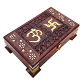 Wooden Om Box For Good Luck Jewellery Box, Decorative Case, Kit, Vanity, Organiser For Women, Necklaces, Cash, Gold, 10 X 6 Pious Galaxy Pedestal, Material - Rosewood, Brass, Colour - Brown