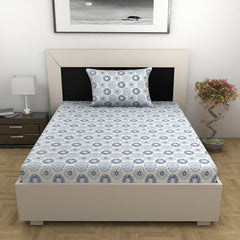 Single Bedsheet With 1 Pillow Cover - 57 X 87 Inches, White & Blue | Designer Printed Bedsheet Set - Naturally Soft, Breathable & Skin Friendly