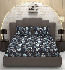 Printed Double Bedsheet With 2 Pillow Cover - 72 X 78 X 6 Inches, Black & Blue | All Around Elastic Fitted Bedsheet | Super Soft Polycotton With 200 Thread Count