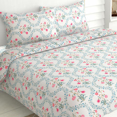 Bedsheet Double Bed For Queen Size - 100 X 90 Inches 2 Pillow Cover, Off White & Pink | Ideal For Everyday Use | Soft, Skin-Friendly & Durable Cotton Fabric