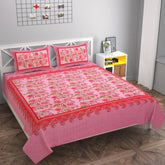 100% Cotton King Size Double Bedsheet With 2 Pillow Covers - 90 X 100 Inches, Pink | Traditional Floral Rajasthani Jaipuri Bedsheet