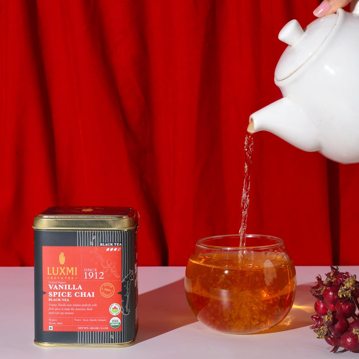 Luxmi Estates Vanilla Spice Chai Black Tea - 100gm Tin, 3.5 Ounce, 50 Cups | USDA Certified Organic Black Tea - Gluten Free, High Caffeine Tea Bags | Darjeeling & Assam Tea From India Luxmi Estates Vanilla Spice Chai Black Tea - 100gm Tin, 3.5 Ounce, 50 Cups | USDA Certified Organic Black Tea - Gluten Free, High Caffeine Tea Bags | Darjeeling & Assam Tea From India