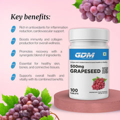 Gdm Grape Seed 500mg Antioxidant Supplement, Boost Health, Vitality, Immunity Booster, Healthy Skin & Bones For Men & Women |100 Veg Tablets 100gm 0.2lbs