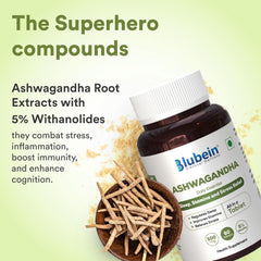 Blubein Ashwagandha Natural Stress Reliever, Enhances Physical Performance 500mg With 5% Withanolides, For Stress Relief & Anxiety Reduction | 60 Tablets 100gm 0.2lbs