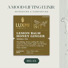 Luxmi Estates Lemon Balm Honey Ginger Herbal Tea - 100gm, 3.5 Ounce, 50 Tea Bags | USDA Certified Organic Herbal Tea - Caffeine Free Herbal Tea | Rich In Antioxidants, Additives Free