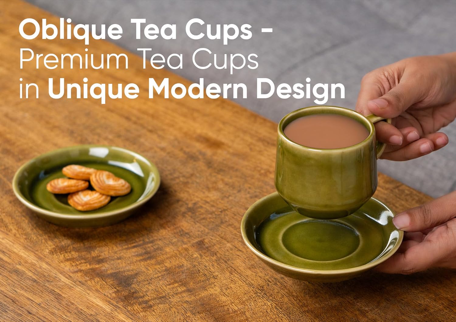 Ceramic Oblique Cup & Saucer Set Of 6 - Mehndi Green, 200ml Each Cup | Cup Saucer Set - 6 Cups + 6 Saucers | Glossy Finish Tea Set - Ceramic Tea Cup & Saucer Set Ceramic Oblique Cup & Saucer Set Of 6 - Mehndi Green, 200ml Each Cup | Cup Saucer Set - 6 Cups + 6 Saucers | Glossy Finish Tea Set - Ceramic Tea Cup & Saucer Set