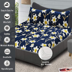 King Size Bedsheet With Two Pillow Cover (Size - 78 X 72 Inches, Royal Blue) | Elastic Fitted Floral Bedsheet | Best For Festival Gifting