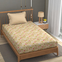 Soft Cotton Single Size Bedsheet With 1 Pillow Cover | 60 X 90 Inches, Beige | Anti-Fade Printed Design | 200 Thread Count