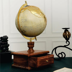 Decorative Spinning World Globe With Seasoned Wood Drawer - Gold Foil Stamp Map, Cream Texture - Elegant Home & Office Decor, Educational Show Piece, Perfect Gift, Pack Of 1