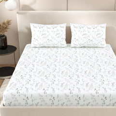 Elastic Fitted Bedsheet Double With 2 Pillow Covers | King Size - 72 × 78 X 8 Inches, White & Brown | Durable, Fade Resistant & Easy-Care Pure Cotton