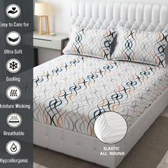 King Size Bedsheet With Two Pillow Cover (Size - 78 X 72 Inches, White & Grey) | Elastic Fitted Floral Bedsheet | Best For Festival Gifting