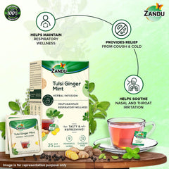Zandu Tulsi Ginger Mint Herbal Infusion Tea - 25 Tea Bags | Maintains Respiratory Wellness - Soothes Nasal & Throat Irritation | Enriched With 9 Powerful Herbs - Caffeine Free