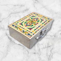 Stainless Steel Storage Boxes, Cash, Pooja Peti, Organizer, Vanity Box, Safe Locker, Cash Box With Handicrafts Digital Meenakari Laser Print Design - 9 Inch, Colour - Multicolour