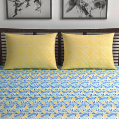 Queen Size Double Bedsheet With 2 Pillow Covers - 87 X 100 Inches, Blue & Yellow | 144 Thread Count Pure Cotton Bedsheet - Light Weight, Soft, Skin Friendly | Perfect For Gifting