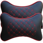 Faux Leather Car Neck Rest Pillow, Pillow Compatible With All Cars - Black, With Red Embroidery | Neck & Head While Driving Pillow For Neck Pain Relief | Light Weight - Pack Of 2