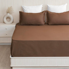 Luxurious Satin Stripe Soft Flat Bedsheets 2 Pillow Covers, Double Size - 84 X 90 Inches, Brown | Good For Home, Hotel, Villa, Resort & Guest House