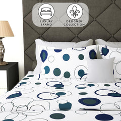 Bedsheet For Queen Size Bed With 2 Pillow Cover - 60 X 72 Inches, White & Blue | All Around Elastic Fitted Bedsheet - Perfect For Home Decor & Gifting