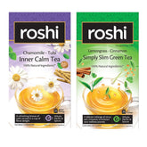 Roshi Chamomile Tulsi Inner Calm Tea + Lemongrass Cinnamon Simply Slim Green Tea Combo - Pack Of 2 X 25 Tea Bags | 100% Natural Ingredients - Supports Weight Loss, Caffeine Free