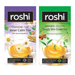 Roshi Chamomile Tulsi Inner Calm Tea + Lemongrass Cinnamon Simply Slim Green Tea Combo - Pack Of 2 X 25 Tea Bags | 100% Natural Ingredients - Supports Weight Loss, Caffeine Free